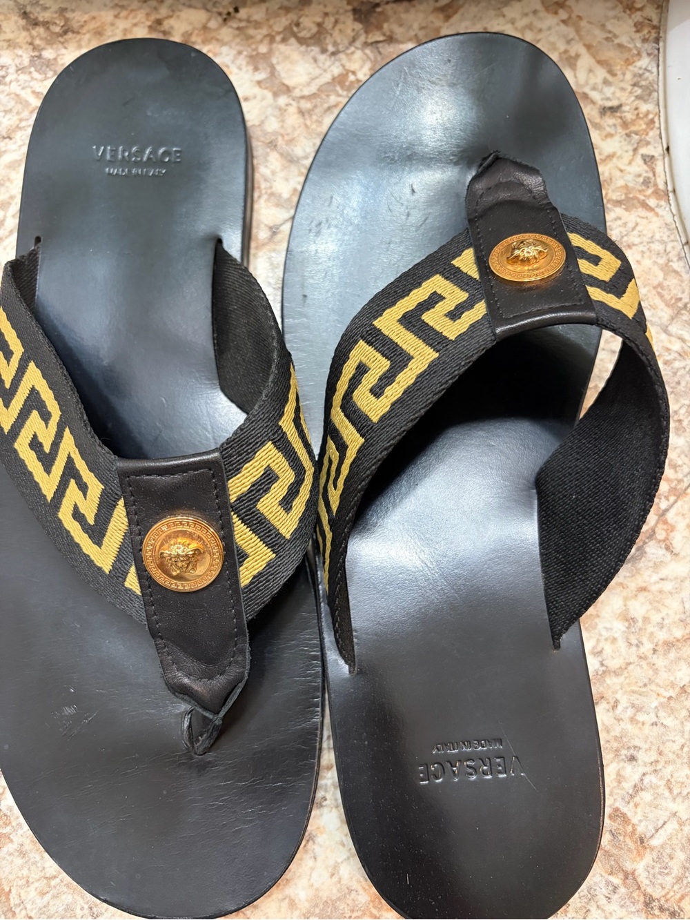 Versace Black & Gold Greek Key Canvas Thong Sandals